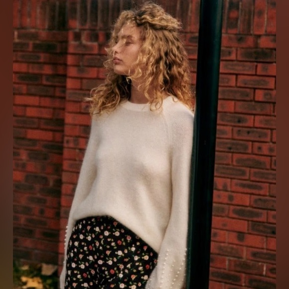 Sezane Ridley Cream Pearl-Embellished Sweater Jumper - Picture 2 of 10